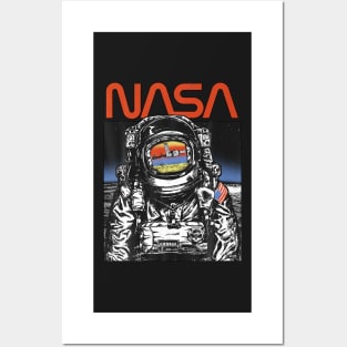 NASA Vintage Astronaut Moon Walk Reflection Graphic Posters and Art